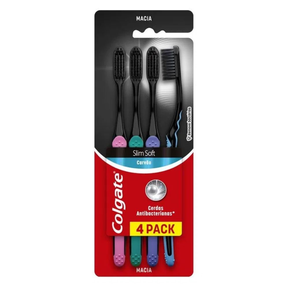 Escova Dental Colgate Slim Soft Carvão Black Macia Cores Sortidas 4un
